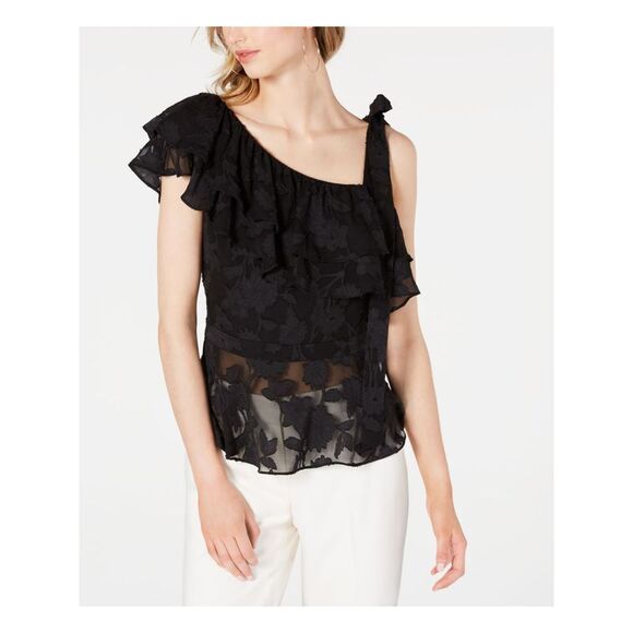 RACHEL ZOE Womens Black Ruffled Short Sleeve Jewel Neck Top 0 - Picture 1 of 4
